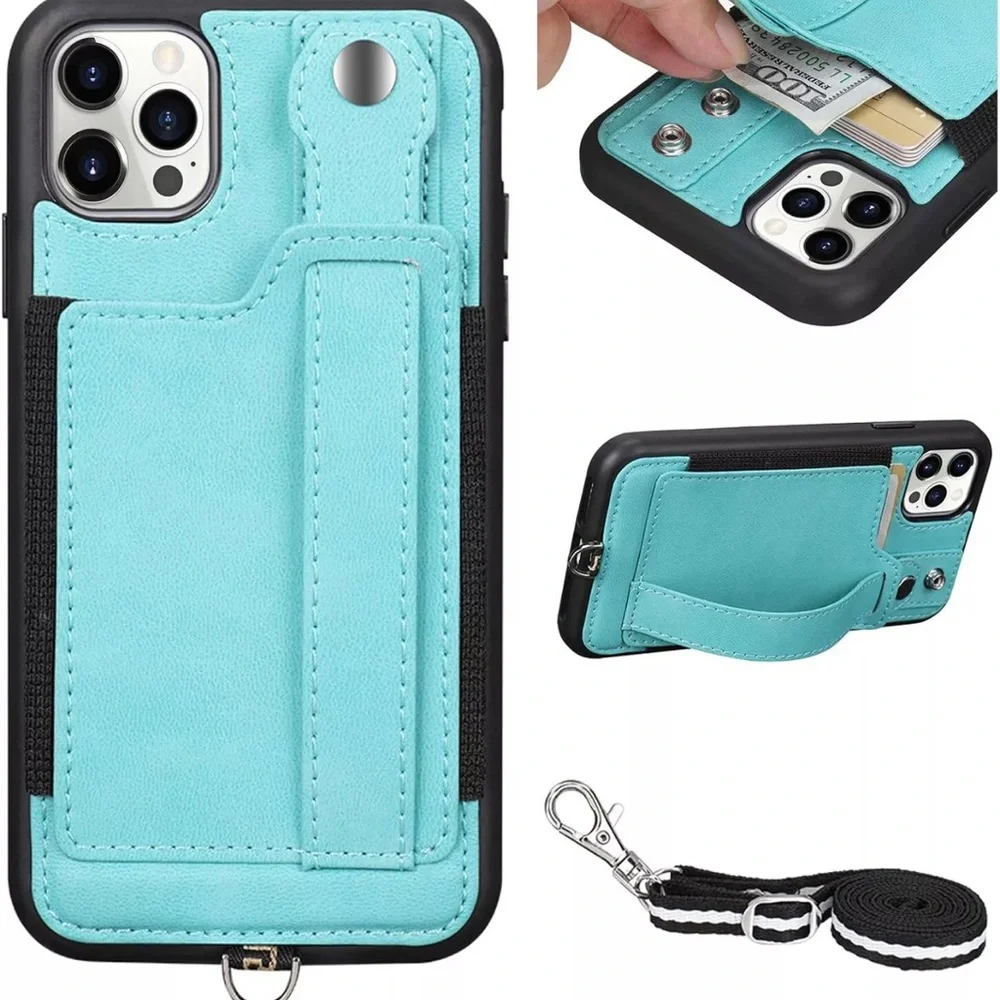 TOOVREN iPhone 12/12 Pro Case with Strap, with Card Holder Green